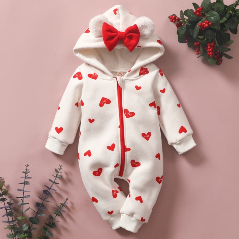 Valentine Heart Love Ear Hooded White Jumpsuit NB NWT